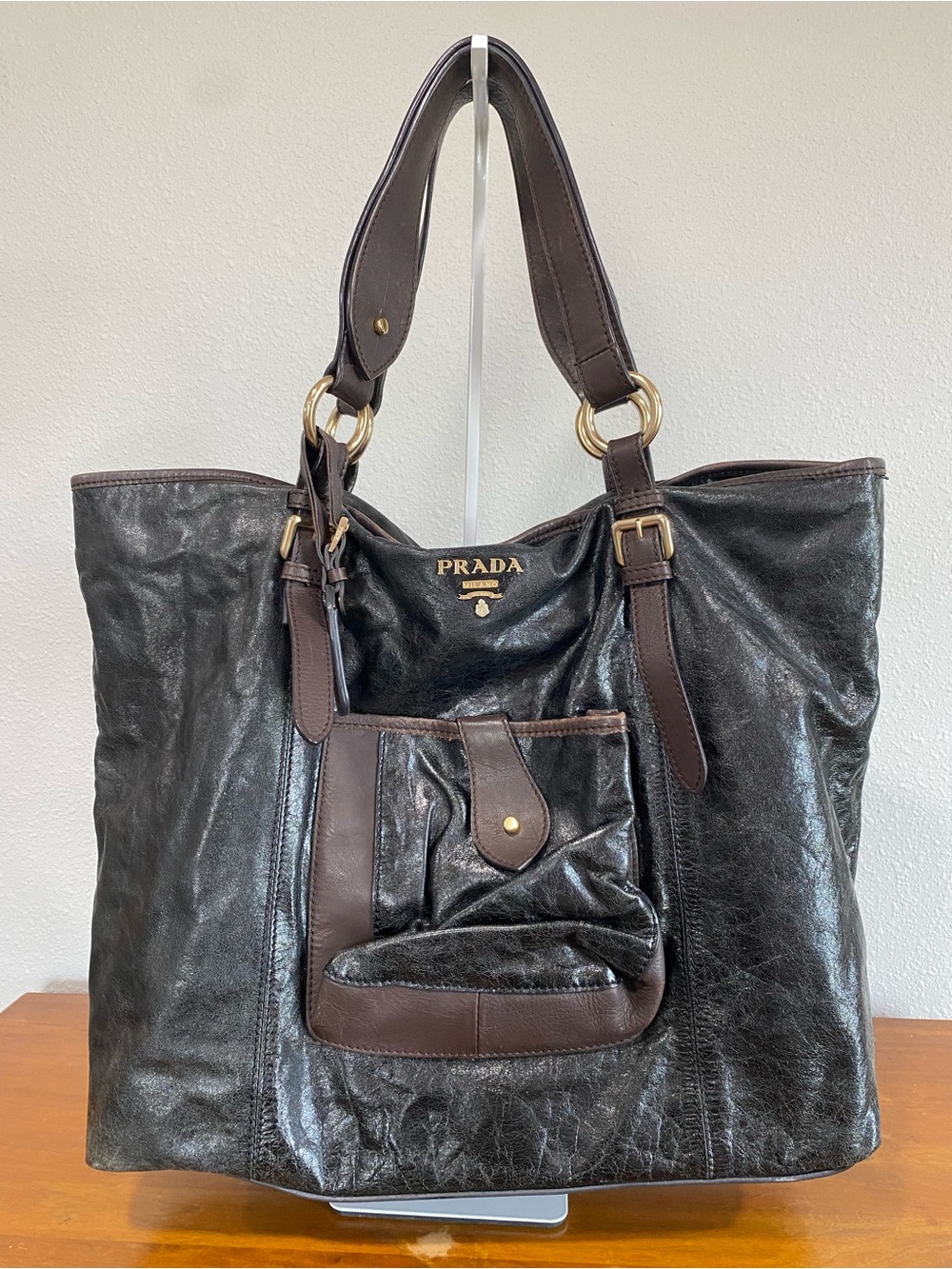 Black Tote with Dark Brown Trim and Gold Hardware